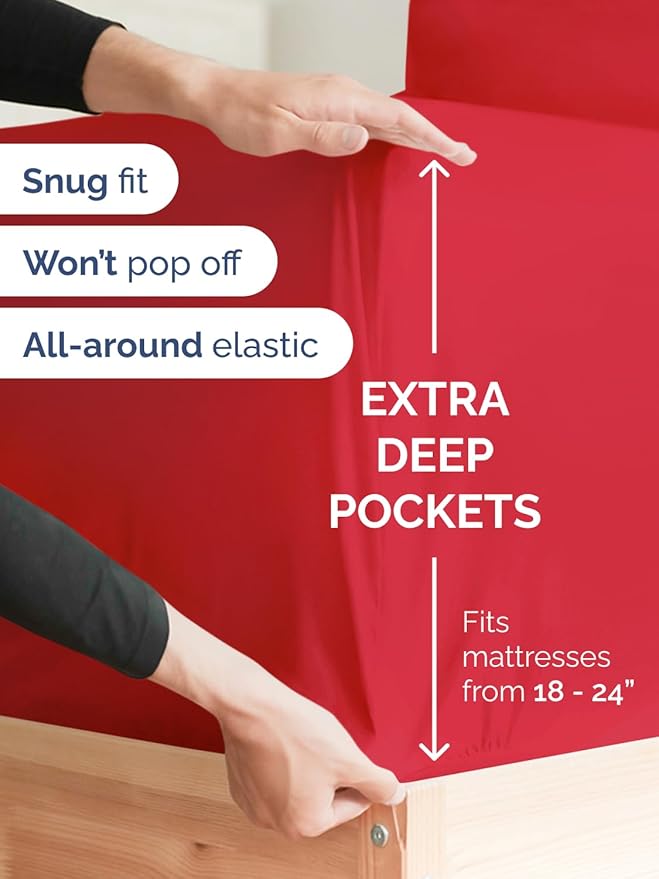 Extra Deep Pocket Queen Sheet Set - 4 Piece Breathable & Cooling Bed Sheets - Hotel Luxury Sheet Set - Ultra Soft, Wrinkle Free and Comfy - Easily Fits Extra Deep Mattresses - Deep Pocket Red Sheets