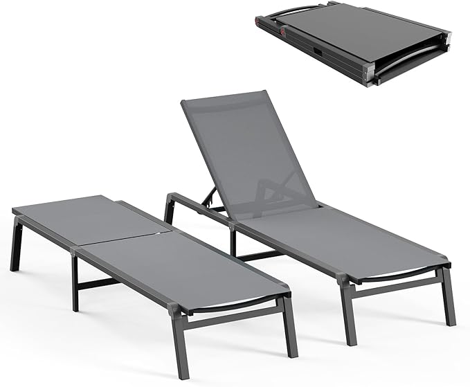 Ciokea Patio Chaise Lounge Chair, Foldable Lounge Chair for Outside, Aluminum Chairs Set of 2 with 5 Adjustable Backrest, Outdoor Pool Lounger for Poolside, Lawn, Deck, Grey