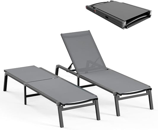 Ciokea Patio Chaise Lounge Chair, Foldable Lounge Chair for Outside, Aluminum Chairs Set of 2 with 5 Adjustable Backrest, Outdoor Pool Lounger for Poolside, Lawn, Deck, Grey