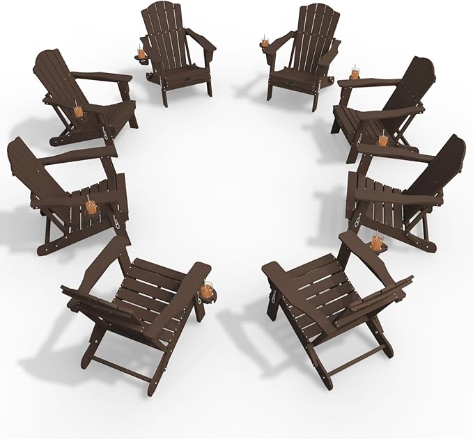 Adirondack Chair Set of 8, Folding All-Weather Outdoor HDPE Patio Chair with Cup Holder, Brown