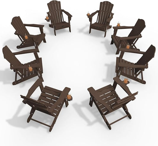 Adirondack Chair Set of 8, Folding All-Weather Outdoor HDPE Patio Chair with Cup Holder, Brown