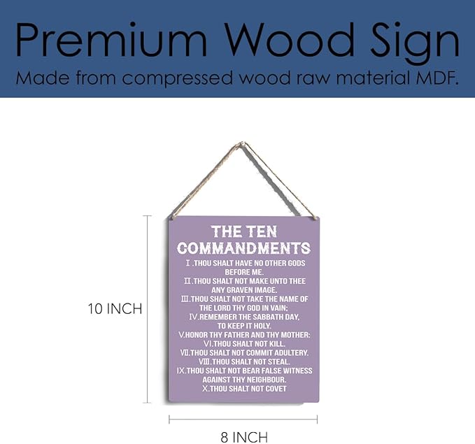 YCYD Ten Commandments Decor,10 Commandments Desk Poster, Christian Bible Verse Decor Religious Home Rustic Wooden Box Sign for Living Room Bedroom Office 10 x 8 Inches Purple
