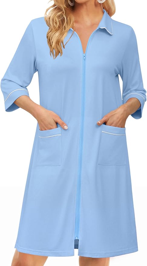Ekouaer Zipper Robes for Women 3/4 Sleeve Housecoats Knee Length Bathrobe Lightweight Nightgown with Pockets S-3XL