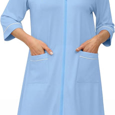 Ekouaer Zipper Robes for Women 3/4 Sleeve Housecoats Knee Length Bathrobe Lightweight Nightgown with Pockets S-3XL