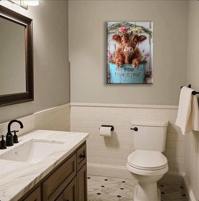Jatinoo Highland Cow Decor Are You Pooping? Funny Bathroom Wall Art Apartment Or Farmhouse Bathroom Decor Western & Highland Cow Lovers 11.5 x 15 Inches