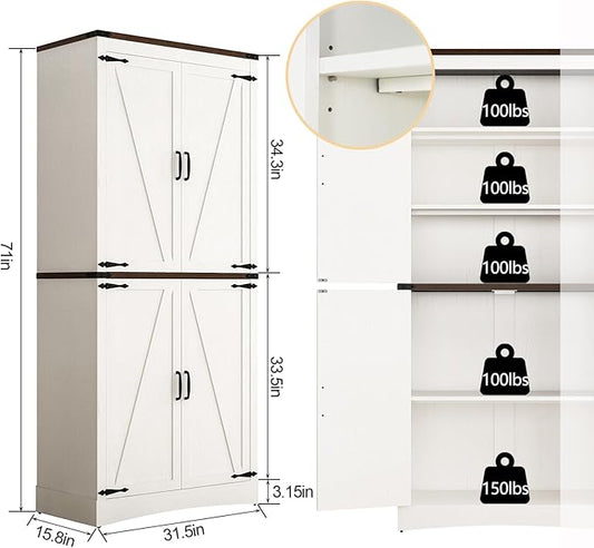 71" Tall Kitchen Pantry,Farmhouse Storage Cabinet with Adjustable Shelves,Load-Bearing Steel Pipe,Farmhouse Pantry Cabinet with 4 Barn Doors,for Kitchen,Dining Room,Living Room(Rustic White)