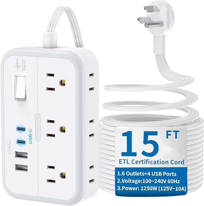 Flat Extension Cord 15 ft, NTONPOWER Power Strip with 6 Widely Outlets 4 USB Ports(2 USB C), Flat Plug, Wall Mounted, Side Outlet Extender for Indoor, Home Office, Dorm Room Essentials