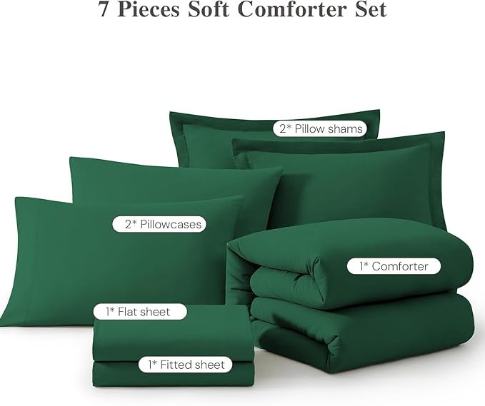 WRENSONGE Queen Comforter Set- 7 Pieces Soft Emerald Green Bed in a Bag with Fitted Sheet, Flat Sheet, 2 Pillow Shams, and 2 Pillowcases- Warm Bedding Sets Queen for All Season