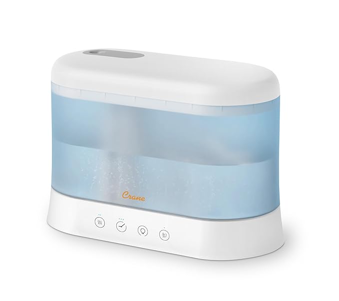 Crane 1.9 Liter Top Fill Cool Mist Humidifier & Essential Oil Diffuser, Whisper-Quiet, 15-Hour Run Time, Night Light, Small Room Air Humidifier, Humidifiers For Bedroom Kids