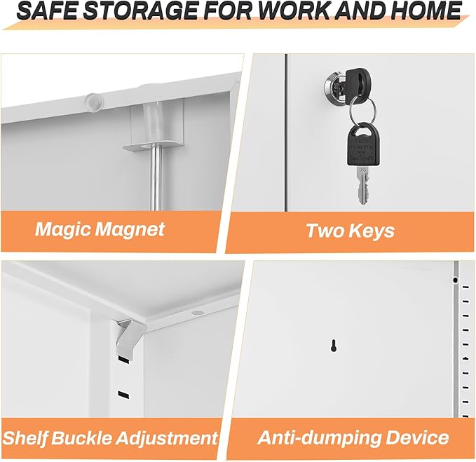 72" Metal Storage Cabinet with Doors and Adjustable Shelves,Locking White Storage Cabinet with Lock,Office,Gym,School,Home