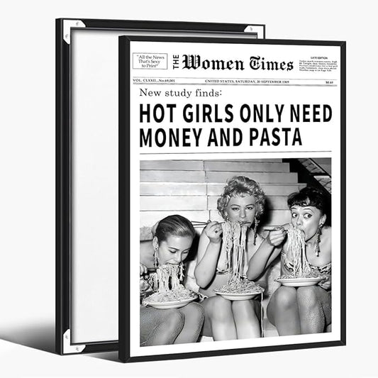 Vintage Women Times Newspaper Canvas Wall Art Black and White Aesthetic Poster Funky Hot Girl Eating Pasta Fashion Prints for Italian Kitchen Bar Cart Girly Dorm Room Art Posters 24x36inch black framed