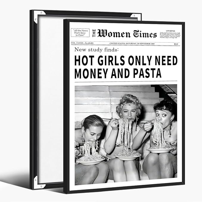 Generic Vintage Women Times Newspaper Canvas Wall Art Black and White Aesthetic Poster Hot Girl Eating Pasta Fashion Prints for Italian Kitchen 12x16inch Black Aluminum Frame