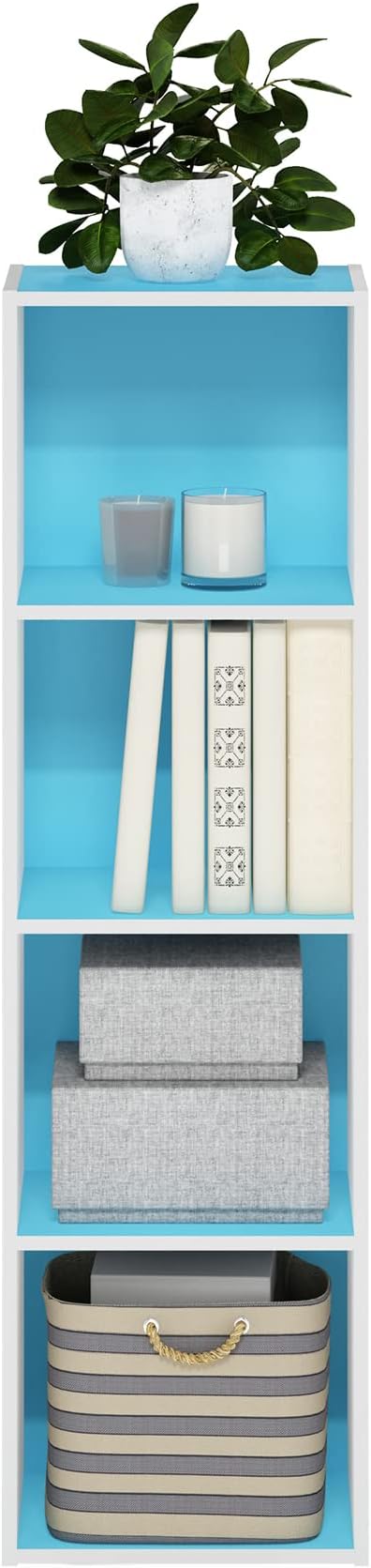 Furinno PASIR Book Shelf, 4-Tier Modern Bookshelf, Open Shelves Bookcase 9 x 12 x 42, for Living Room, Bedroom, Home Office, Light Blue/White