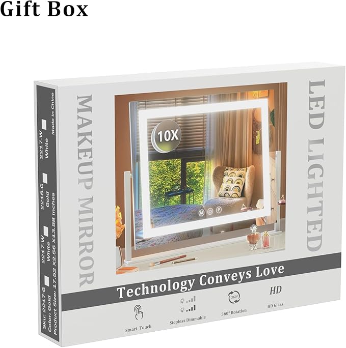 Lighted Makeup Mirror, 17.3"x13" Hollywood Vanity Mirror with Lights, Three Color Lighting Modes, and 5X Magnification Mirror, Smart Touch Control, 360°Rotation (Gold,17.3in Gift Box)