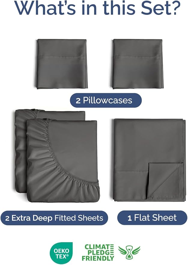 Extra Deep Pocket Split King Sheets - 5 Piece Breathable & Cooling Bed Sheets - Hotel Luxury Sheet Set - Soft, Wrinkle Free & Comfy - Easily Fits Extra Deep Mattresses - Deep Pocket Charcoal Sheets