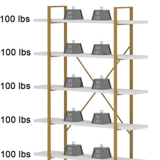 HSH 5 Tier White and Gold Bookshelf, Tall Storage Bookshelves for Bedroom Living Room Office, Metal and Wood Large Book Shelves, Modern Vertical 5 Shelf Bookcase, Farmhouse Big Open Display Book Shelf