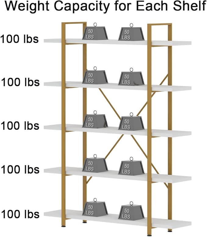 HSH 5 Tier White and Gold Bookshelf, Tall Storage Bookshelves for Bedroom Living Room Office, Metal and Wood Large Book Shelves, Modern Vertical 5 Shelf Bookcase, Farmhouse Big Open Display Book Shelf