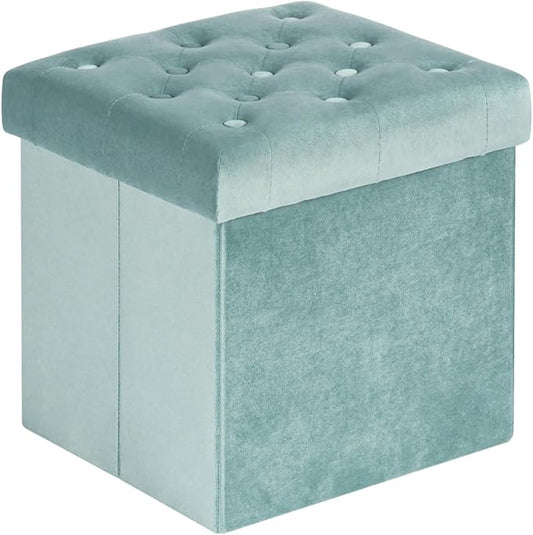 B FSOBEIIALEO Storage Ottoman Cube Velvet Tufted Folding Ottomans Footstool Rest Seat with Removable Lid (Teal, Medium)