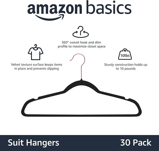 Amazon Basics Slim, Velvet, Non-Slip Sturdy Suit Clothes Hangers, Pack of 30, Black/Rose Gold