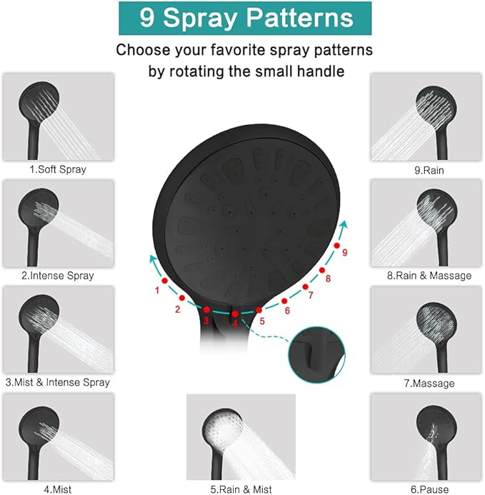 Shower Head, 12‘’ High Pressure Rainfall/Handheld Shower Combo with 11'' Extension Arm, 9 Settings, Anti-leak Shower Head with Holder, Height/Angle Adjustable, Matte Black