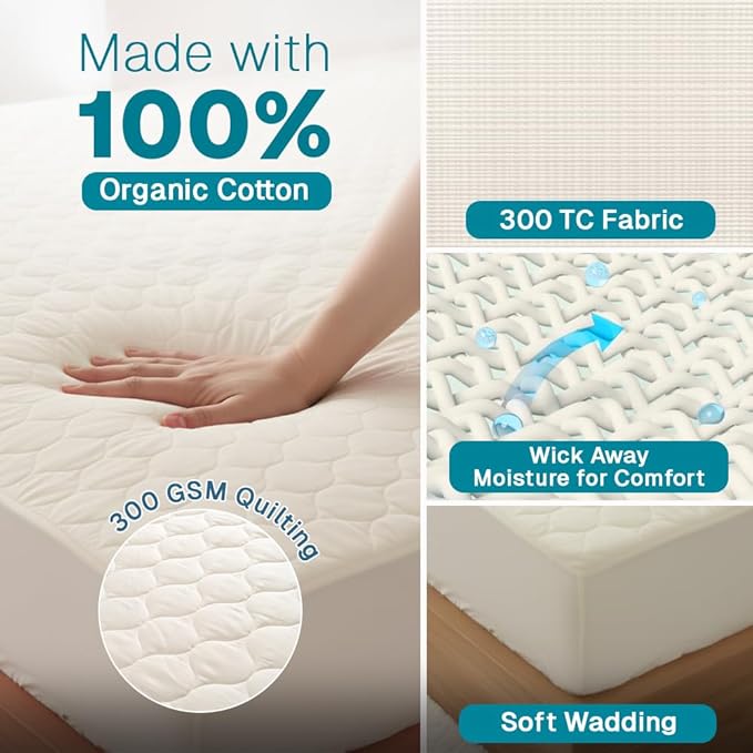 FABDREAMS Organic Quilted Mattress Protector Cal King Size | Mattress Pad| Mattress Cover| Naturally Breathable | Noiseless| Fits up to 17" Deep Pockets| Temperature Regulating | Ivory