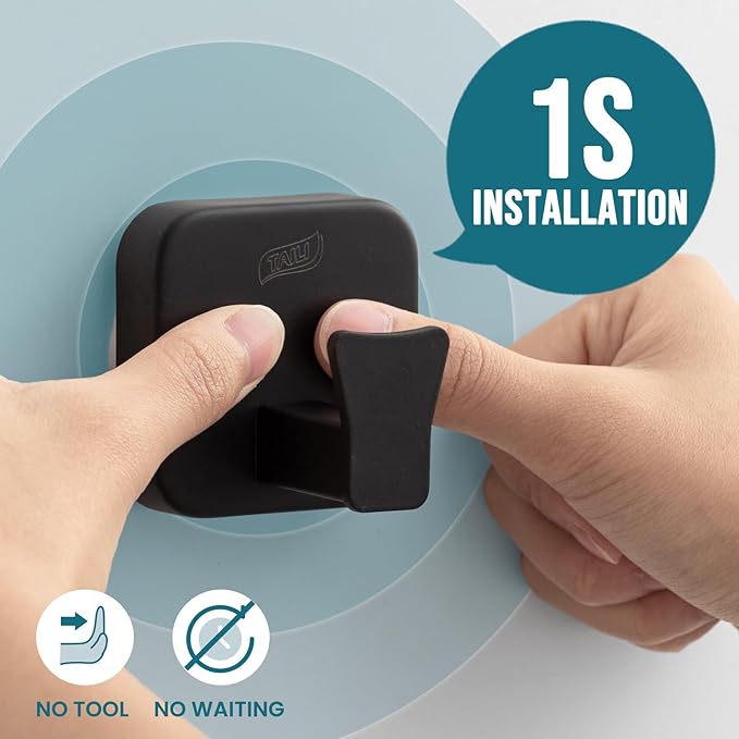 TAILI Thickened 304 Stainless Steel Bathroom Suction Hook for Towel, Loofah, Bathrobe, Patented Strong Suction Cup Holder, Damage-Free Hanging Glass Shower Wall Hook, Hold Up to 11 Lbs, 2 Pack, Black