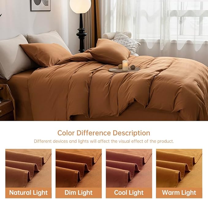 JELLYMONI Cotton Duvet Cover King Size - 100% Washed Cotton Linen Like Textured Comforter Cover, 3 Pieces Breathable Soft Bedding Set with Zipper Closure (Burnt Orange, King 104"x90")