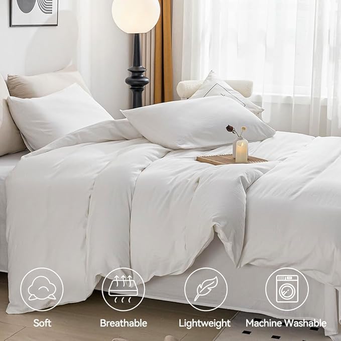 JELLYMONI White Duvet Cover Queen Size - 100% Washed Cotton Linen Like Textured Comforter Cover, 3 Pieces Breathable Soft Bedding Set with Zipper Closure (Bright White, Queen 90"x90")