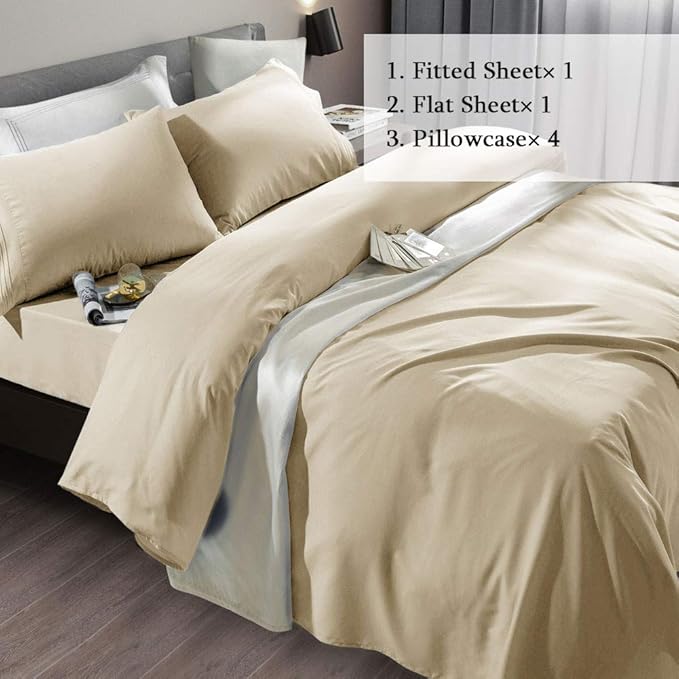 SONORO KATE Bed Sheet Set Super Soft Microfiber 1800 Thread Count Luxury Egyptian Sheets Fit 18-24 Inch Deep Pocket Mattress Wrinkle-6 Piece (Beige, Full)
