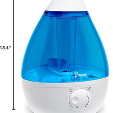 Crane Ultrasonic Cool Mist Teardrop Humidifier for Baby Nursery, Bedroom, Office, Large Room, Adjustable Humidity, Auto Shut-Off, Easy Clean Blue & White 1 Gallon