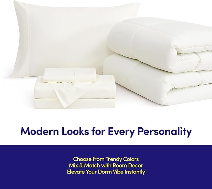 Dorm Room Essentials College Bedding Comforter Set 5 Piece Twin XL Size Bed in a Bag for College Students Boys and Girls, Twin XL, Ivory
