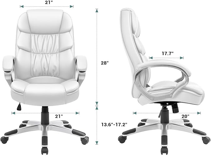 GUNJI Office Chair PU Leather High Back Executive Chair Ergonomic Computer Chair, Modern Adjustable Home Desk Chair Swivel Managerial Chair with Padded Armrests and Lumbar Support (White)