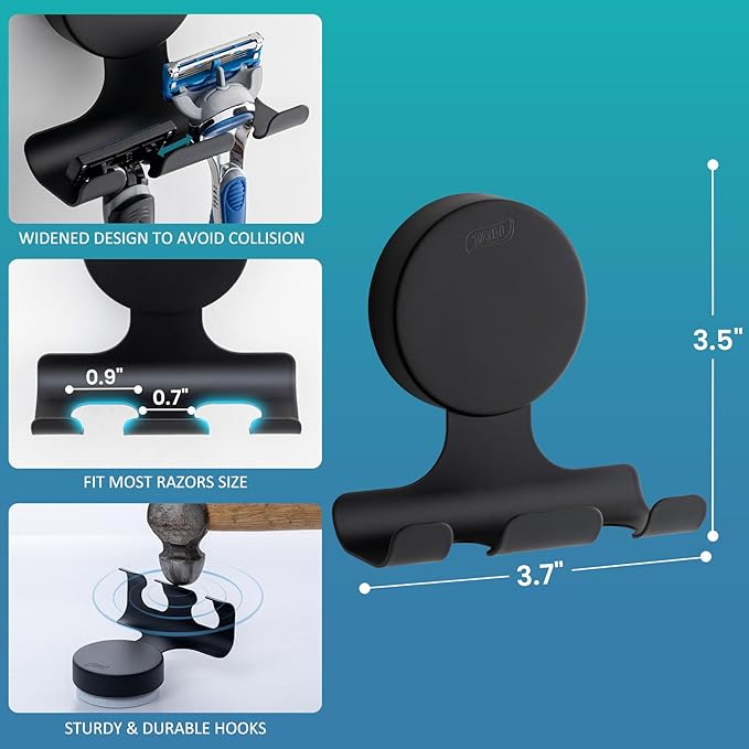 TAILI 2 Pack Powerful Suction Cup Razor Holder, 304 Stainless Steel Bathroom Suction Hooks for Towel, Loofah, Bathrobe, Stylish Shaver Holder for Shower Wall, Easy to Install and Reuse, Black