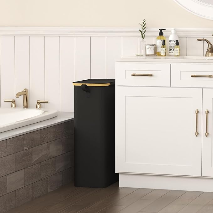 Lifewit 75L Slim Laundry Hamper with Lid, Narrow Laundry Basket with Removable Bag & Bamboo Handles, Fodable Thin Dirty Clothes Hamper for Laundry Collapsible Bin for Bathroom Bedroom Dorm, Black