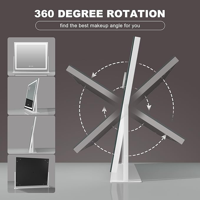 Hasipu Vanity Mirror with Lights, 13.8" x 10.6" LED Makeup Mirror, Light up Mirror with 10X Magnification, Smart Touch 3 Colors Dimmable, 360° Rotation (White)