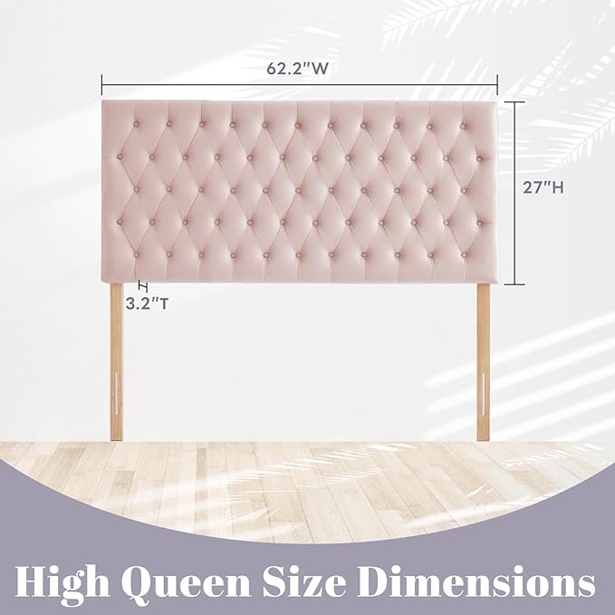 Kingfun Upholstered Queen Headboard Only, Premium Velvet Button Tufted Headboards, Adjustable Solid Wood Head Board, Padded Headboard with Solid Wood Legs in Bedroom (Pink)
