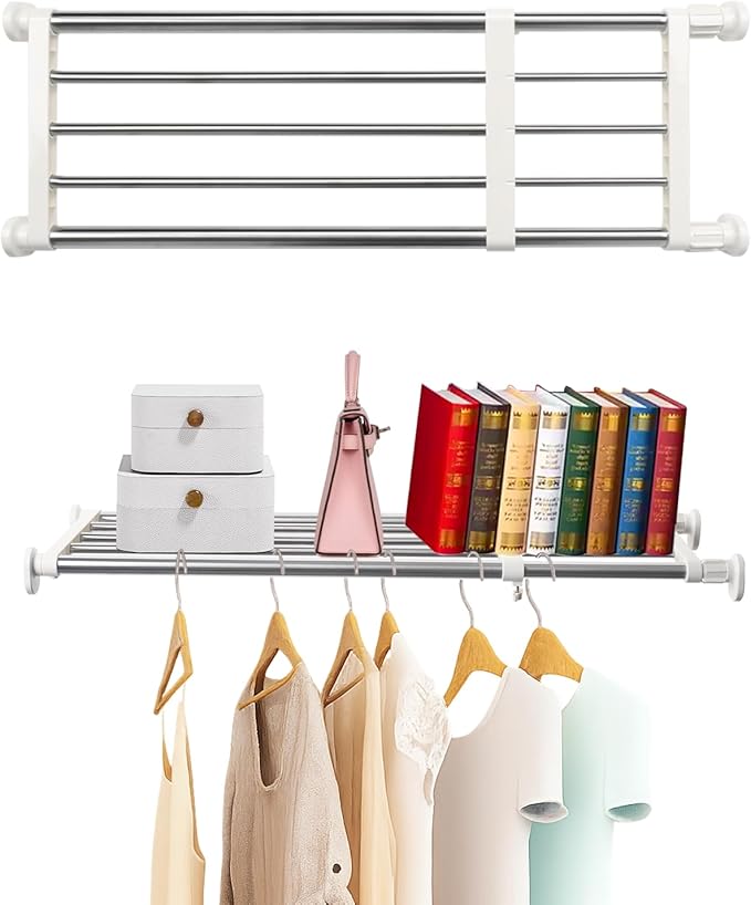 BAOYOUNI Closet Tension Shelf Rod Heavy Duty Wardrobe Organizer Adjustable Storage Shelves Rack DIY Closet Dividers Separators for Kitchen Bathroom Bedroom Garage, 19.69-31.5 Inches
