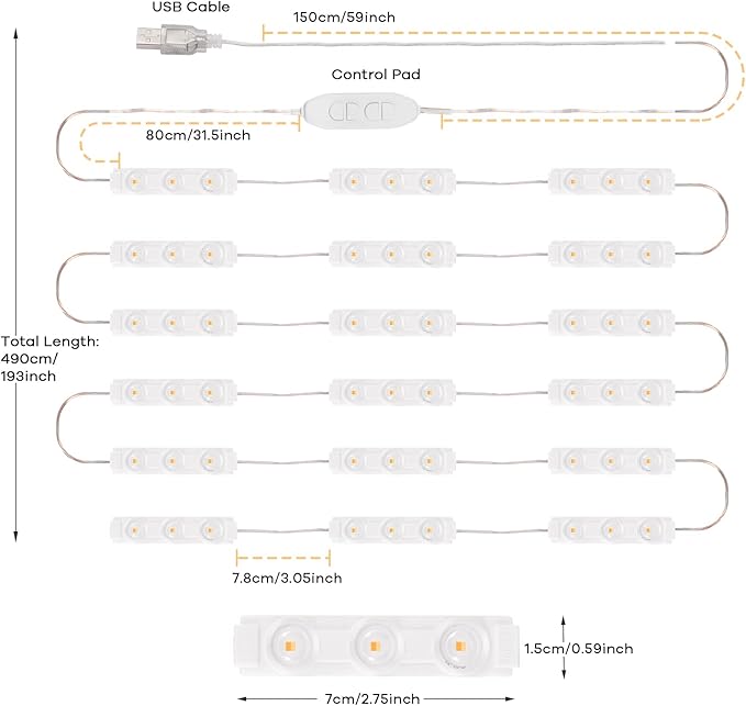 Consciot LED Vanity Lights for Mirror, Hollywood Style Strip, Adjustable Color & Brightness, USB Cable, Dimmable Makeup Stick on Table Dressing Room, White