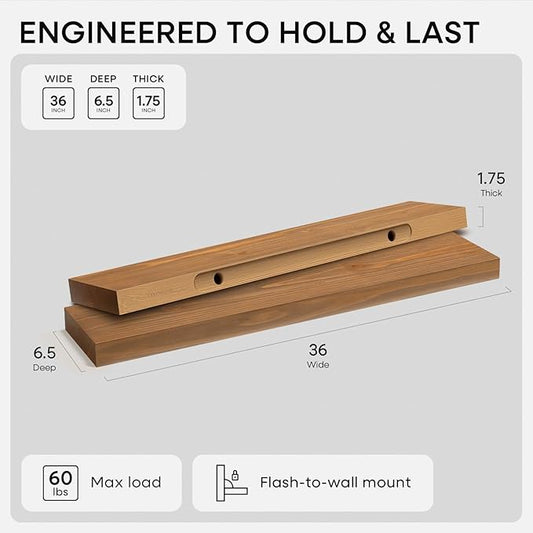 Homeforia 36 inch Golden Oak Floating Shelf, High End Solid Real Wood 36inch Small Floating Shelves for Wall Mounted, Oak Wooden 36in Floating Shelves, Heavy Duty Bracket, 36 X 6.5 X 1.75 in, Set of 3