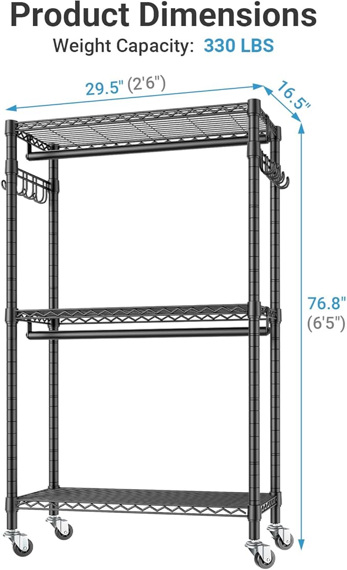 VIPEK R2 Medium Rolling Clothes Rack Heavy Duty Clothing Rack for Hanging Clothes Adjustable Metal Wire Shelving Portable Closet with Wheels Side Hooks, Freestanding Closet Wardrobe, Black