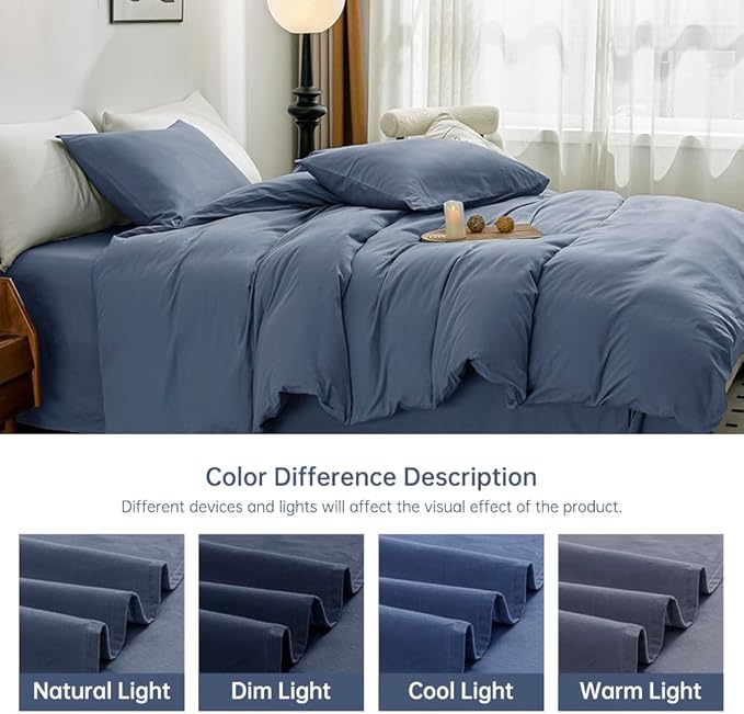 JELLYMONI Bedding Duvet Cover Queen Size - 100% Washed Cotton Linen Like Textured Comforter Cover, 3 Pieces Breathable Soft Bedding Set with Zipper Closure (Blue, Queen 90"x90")