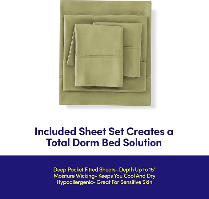 Dorm Room Essentials College Bedding Comforter Set 5 Piece Twin XL Size Bed in a Bag for College Students Boys and Girls, Twin XL, Sage Green