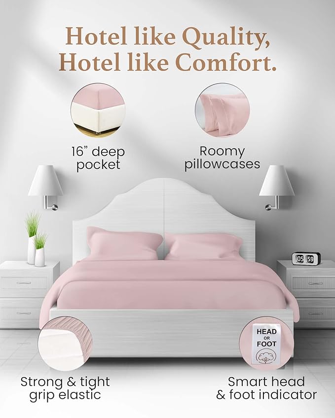 Good Sleep Bedding Split King Sheets Sets for Adjustable Bed Cotton, Luxury Sheets, Egyptian Cotton Sheets, 5 Piece 100% Cotton Split King Sheet Set, Sateen Sheetss, 2 Fitted - 16" Deep Pocket, Blush GoodSleepBedding