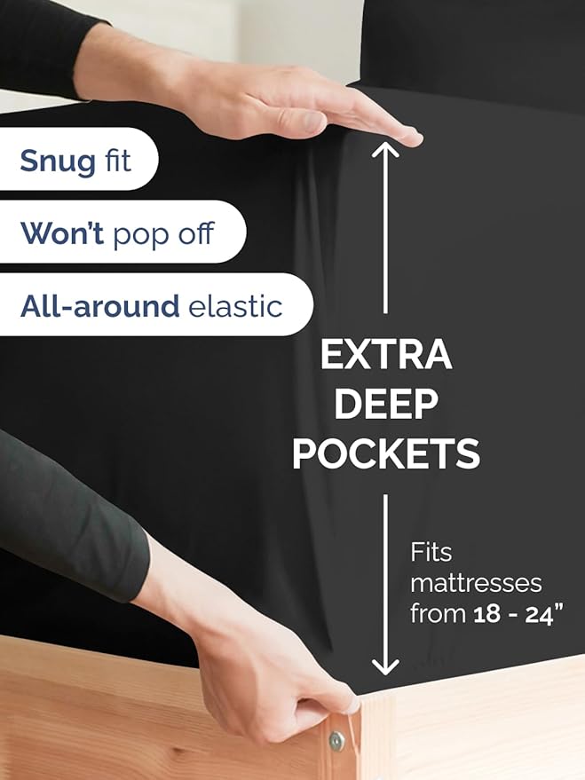 Extra Deep Pocket Cal King Sheets - 4 Piece Breathable & Cooling Bed Sheets - Hotel Luxury Bed Sheet Set - Soft, Wrinkle Free & Comfy - Easily Fits Extra Deep Mattresses - Deep Pocket Black Sheets Set