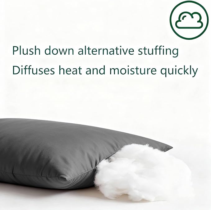 Flat Ultra Thin Bed Pillows Standard Size Pillow Set of 2 Extra Soft Down Alternative for Stomach Side Back Sleeper Dark Grey 20x26inches