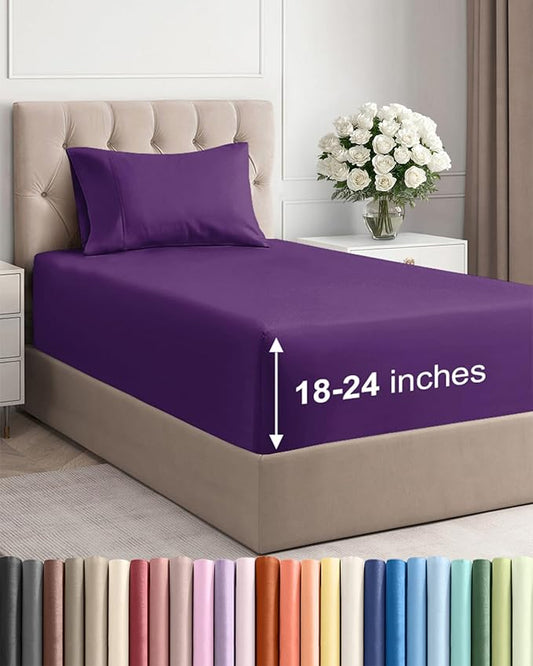 Extra Deep Pocket Twin XL Sheets - 3 Piece Breathable & Cooling Bed Sheets - Hotel Luxury Bed Sheet Set - Soft, Wrinkle Free & Comfy - Easily Fits Extra Deep Mattresses - Deep Pocket Purple Sheets Set