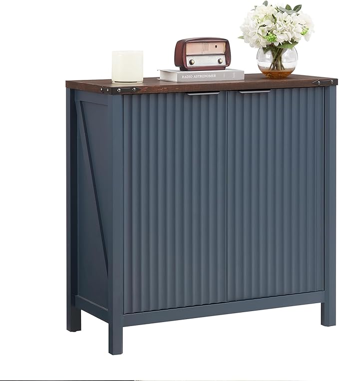 32 Fluted Sideboard Storage Cabinet Buffet - 7-Level Adjustable Shelves, Modern Farmhouse Rustic Kitchen Console Accent Cabinets, Coffee Bar Table for Dining Room (Navy Blue)