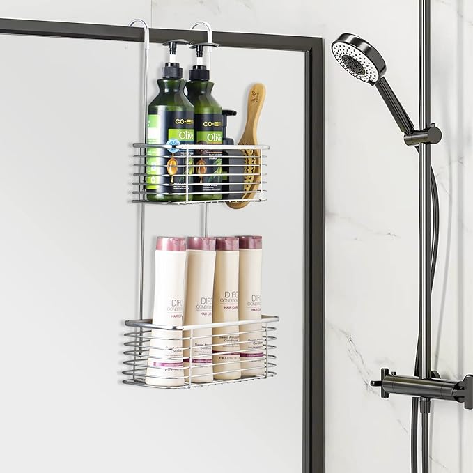 YQh Stainless steel double-layer shower rack, shower room hanging bathroom organizer, storage rack installed on the hanging bar or door, can store shampoo, hair conditioner, shower gel (double)