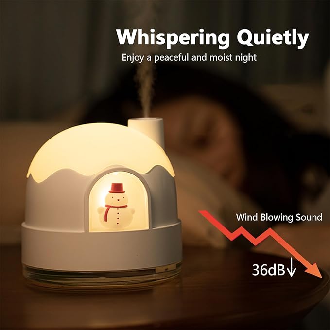 Humidifier for Bedroom, Household Mini Desktop Humidifier, Cute Snow House Humidifiers with Night Lights, Ultrasonic Silent Operation, 350ml, Suitable for Small & Medium-Sized Rooms (White)