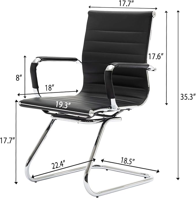 Black Office Desk Chair No Wheels Set of 4 PU Leather Computer Chairs Mid Back Guest Chairs for School Reception Conference Waiting Room, Black